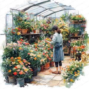 18 Greenhouse Gardener Clipart | Ilustrações de cuidados florais | Clipart de aquarela para impressão | JPGs de alta qualidade | Artesanato em papel | Diário de lixo