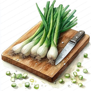20 cliparts d'oignons verts | Oignons verts frais sur du bois | Clipart aquarelle imprimable | JPG de haute qualité | Créations artisanales en papier | Journal indésirable