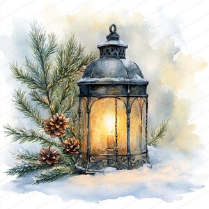 May include: Watercolor painting of a vintage lantern with a lit candle inside, set against a snowy backdrop. The lantern is flanked by pine branches and pine cones, evoking a winter or holiday theme.
