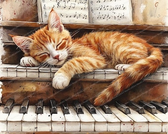 ピアノで眠る猫のクリップアート21選 | 心地よい音楽猫のイラスト