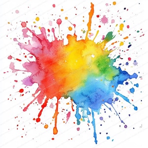 Può includere: Un'esplosione di acquerello vibrante in un arcobaleno di colori, tra cui rosso, arancione, giallo, verde e blu. Gli schizzi e le gocce di vernice creano un effetto dinamico e artistico su uno sfondo bianco. Questo design astratto è adatto a vari progetti creativi.