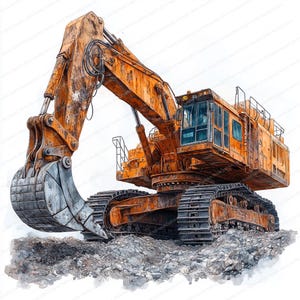 May include: A large, orange, rusty, tracked excavator with a large metal bucket. The excavator is digging in a pile of rocks.