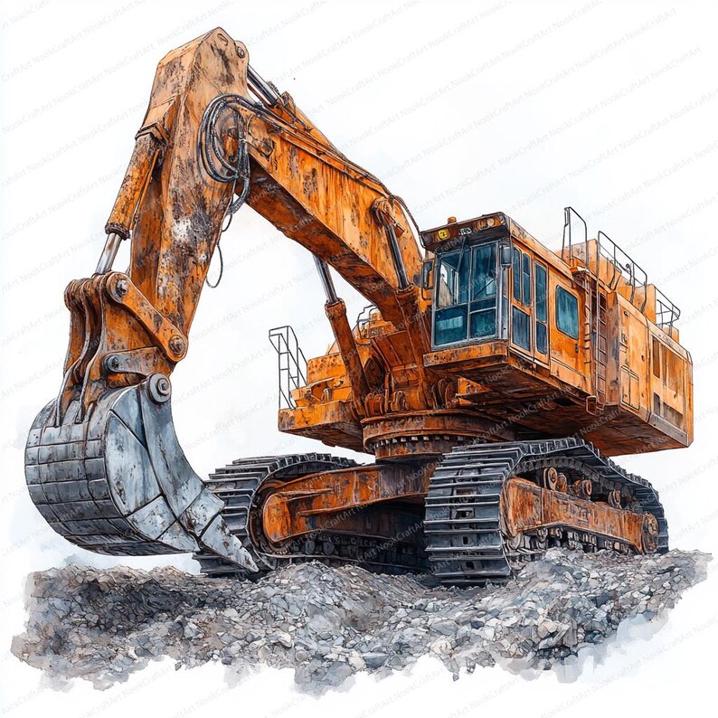 May include: A large, orange, rusty, tracked excavator with a large metal bucket. The excavator is digging in a pile of rocks.