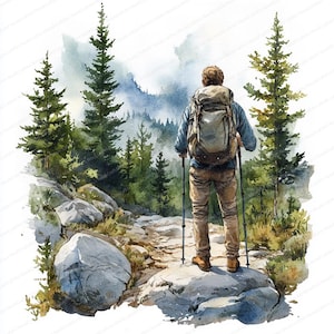 May include: Watercolor painting of a hiker with a backpack and trekking poles, standing on a rocky path. The hiker is facing away, looking at a forest and mountain range. The scene is rendered in shades of green, brown, and blue.