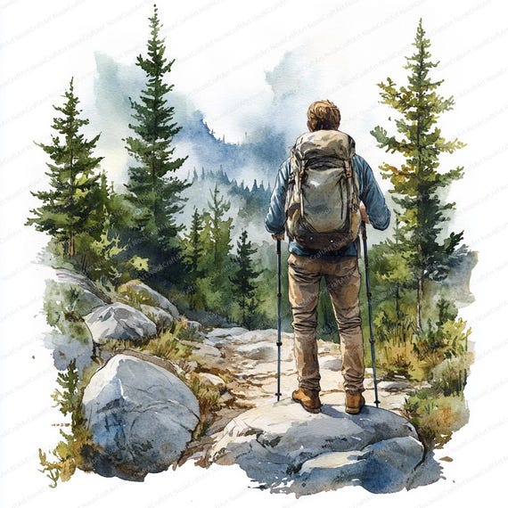 24 Hiking Man Clipart | Outdoor Adventure Illustration | Printable Watercolor clipart | High Quality JPGs | Paper craft | Junk journal