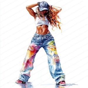May include: A woman wearing a white crop top, blue jeans with colorful paint splatters, and a black baseball cap. She is posing with her hands on her head.