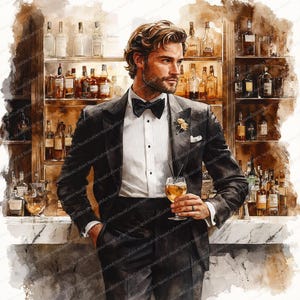 May include: Watercolor painting of a man in a black tuxedo with a bow tie, holding a glass of amber liquid. The background features a bar with shelves of liquor bottles. The art style is soft and detailed.