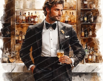 18 Elegant Gentleman Clipart | Man in Tuxedo with Glass | Printable Watercolor clipart | High Quality JPGs | Paper craft | Junk journal