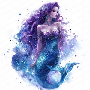 14 cliparts sirène violette | Sirène mignonne | Clipart aquarelle imprimable | JPG de haute qualité | Téléchargement numérique | Créations artisanales en papier | journaux indésirables