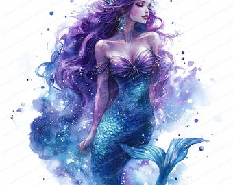 14 Purple Mermaid Clipart | Cute Mermaid | Printable Watercolor clipart | High Quality JPGs | Digital download | Paper craft | junk journals