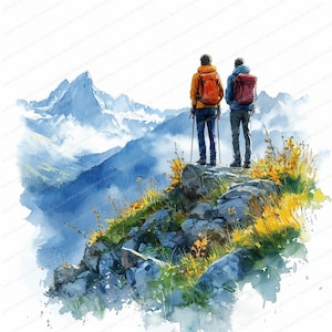 19 Bergsteiger Frühlingsansicht Clipart | Alpen Gipfel Szene Illustration | Druckbare Aquarell Clipart | Hochwertige JPGs | Zeitschrift