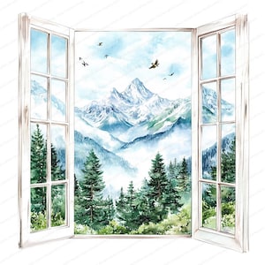 15 Clipart di vista sulle montagne dalla finestra / Vista sulle montagne attraverso la finestra / Clipart di acquerello stampabile / JPG di alta qualità / Lavoretti di carta
