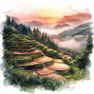 19 rijstterras zonsopgang clipart | Serene Dawn landschapskunst | Afdrukbare aquarel clipart | Hoge kwaliteit JPG's | Papierkunst | Junkjournaal