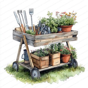 Conjunto de 19 imágenes prediseñadas de herramientas de jardinería / Carretilla y suministros de jardinería / Imágenes prediseñadas de acuarela imprimibles / JPG de alta calidad / Manualidades de papel / Diario