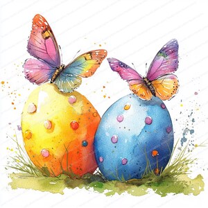 18 Clipart di uova di Pasqua con farfalle / Bellissime illustrazioni primaverili / Clipart di acquerelli stampabili / JPG di alta qualità / Lavoretti di carta