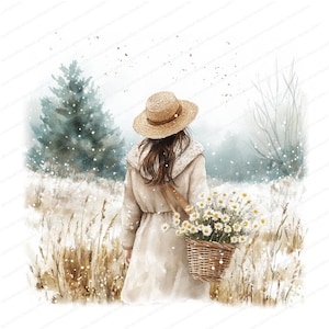 16 Kobieta w zimowym polu Clipart | Snowy Landscape Graphics | Wydrukowalne akwarelowe Clipart | Wysokiej jakości JPG | Rękodzieło papierowe | Junk Journal