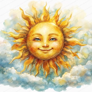 Pode incluir: Ilustração em aquarela de um sol sorridente com uma expressão alegre. O sol é amarelo vibrante com raios detalhados e um rosto rosado, em um fundo de nuvens brancas e azuis fofas. A obra de arte tem um toque caprichoso e vintage.