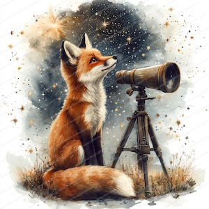23 Clipart observation des étoiles de renard | Télescope pour animaux des bois | Clipart aquarelle imprimable | JPG de haute qualité | Créations artisanales en papier | Journal indésirable
