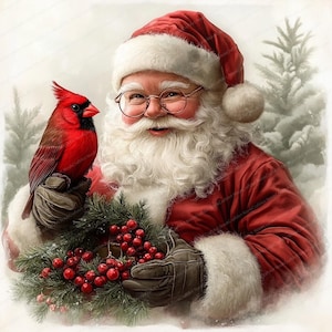 14 Santa Vintage com Clipart de Cardeal | Clipart de aquarela para impressão | JPGs de alta qualidade | Download digital | Artesanato em papel | diário de lixo