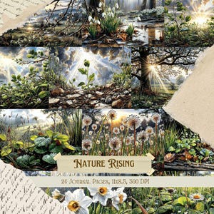 May include: A collage of nature-themed journal pages. The images feature landscapes with trees, flowers, and sunlight. The text "Nature Rising" is displayed on a banner, with the text "24 Journal Pages, 11x8.5, 300 DPI" below it.