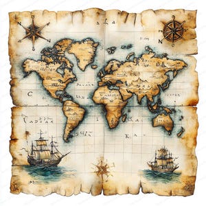 20 Clipart di mappe del mondo antiche / Illustrazione di mappe in stile vintage / Clipart di acquerelli stampabili / JPG di alta qualità / Artigianato di carta / Diario di spazzatura