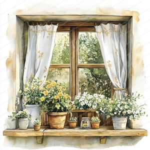 May include: Watercolor painting of a window with white curtains and a wooden frame. Yellow and white flowers in pots and a jar sit on a wooden shelf. The window looks out onto a green, leafy background.