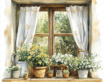 May include: Watercolour painting of a window with white curtains and a wooden frame. Yellow and white flowers in pots and a jar sit on a wooden shelf. The window looks out onto a green, leafy background.