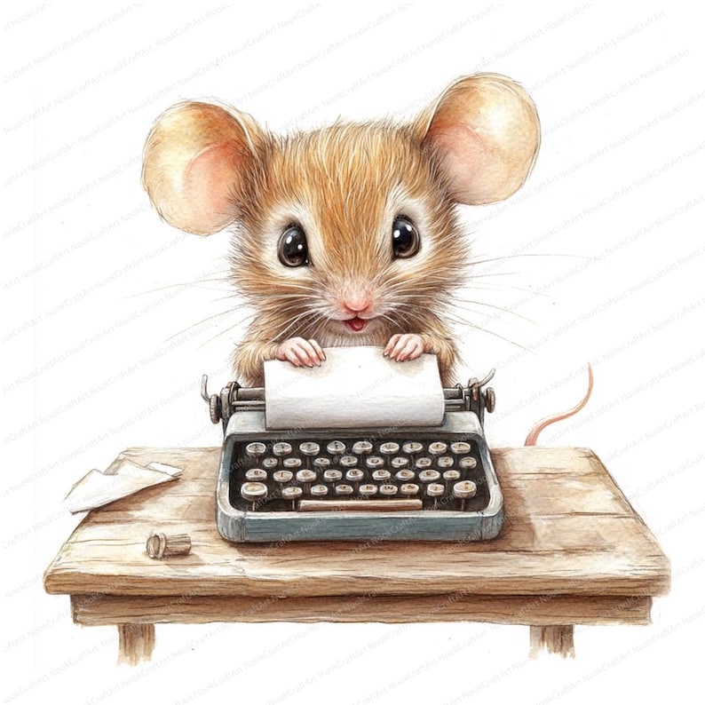 May include: A brown mouse with big ears sits at a vintage typewriter with a piece of paper in it. The mouse is looking directly at the viewer with a smile on its face. The typewriter is on a wooden table.