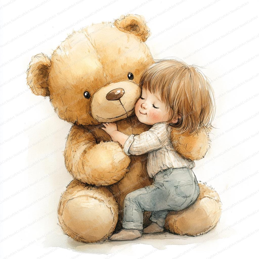 18 テディベアを抱きしめる子供のイラスト | 愛らしい子供とぬいぐるみ
