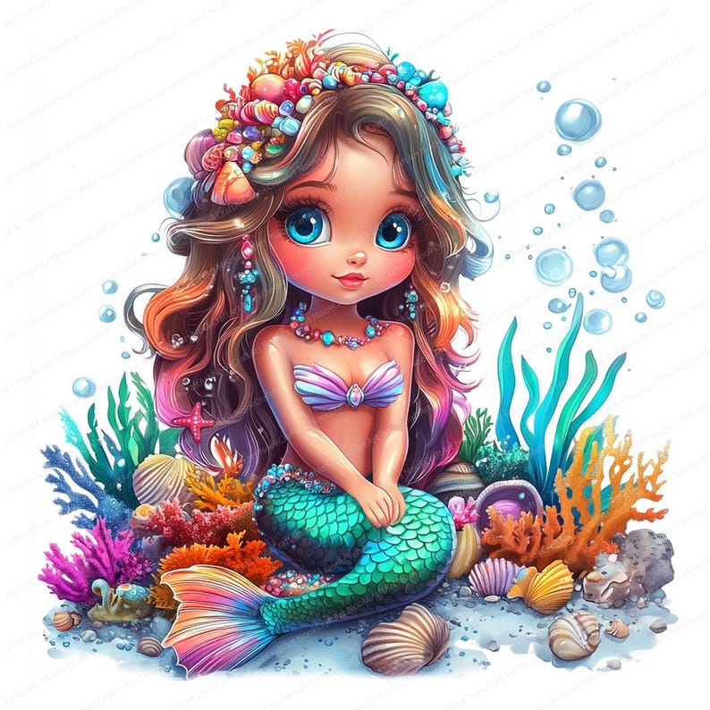 May include: A cartoon mermaid with long brown hair, wearing a pink and purple seashell bra and a green tail, sits on a bed of coral and seashells. She has a crown of seashells on her head and blue eyes.