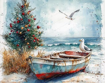 18 Beachy Christmas Clipart | Coastal Holiday Art | Printable Watercolor clipart | High Quality JPGs | Paper craft | Junk journal