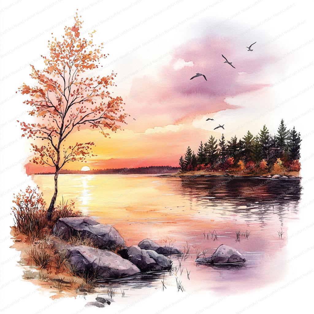 14 湖に沈む夕日のクリップアート | 穏やかな湖の夕日 | 印刷可能な