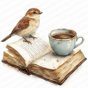 24 Clipart med fåglar på en bok och kaffe | Söt morgonläsningsscen | Utskrivbar akvarell clipart | Högkvalitativa JPG-bilder | Papperspyssel | Skräpjournal