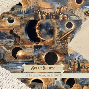 Puede incluir: Un collage de ilustraciones de estilo vintage que presenta eclipses solares, telescopios y elementos celestiales. La paleta de colores incluye tonos de marrón, azul y dorado. El texto "Solar Eclipse" y "20 Journal Pages, 11x8.5, 300 DPI" es visible.