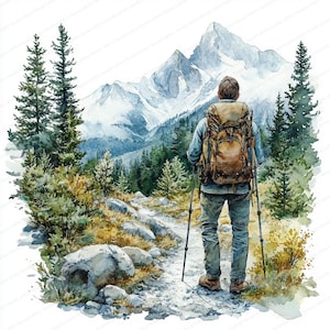 May include: Watercolor painting of a hiker with a large backpack and trekking poles, facing a snow-capped mountain range. The scene includes a hiking trail, evergreen trees, and a clear blue sky, evoking a sense of adventure and nature.