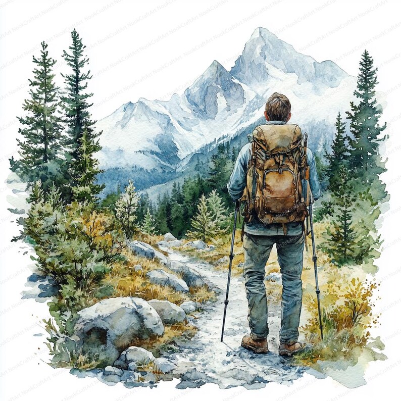May include: Watercolor painting of a hiker with a large backpack and trekking poles, facing a snow-capped mountain range. The scene includes a hiking trail, evergreen trees, and a clear blue sky, evoking a sense of adventure and nature.