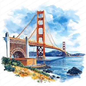 May include: Watercolor painting of the Golden Gate Bridge in San Francisco. The iconic orange bridge spans across blue water, with a backdrop of blue sky and white clouds. The bridge's towers and cables are detailed, with a view of the city in the distance.