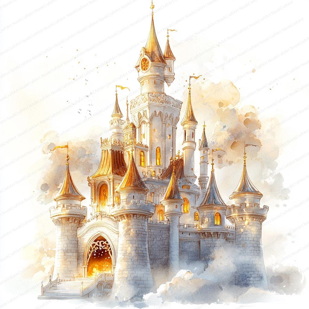 城の風景 水彩画 金色フレーム付き モンサンミシェル 水彩画作家 B