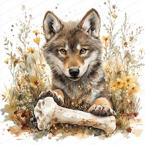 19 Clipart di un cucciolo di lupo con osso / Illustrazione di un giovane lupo giocoso / Clipart di acquerelli stampabili / JPG di alta qualità / Lavoretto di carta / Diario