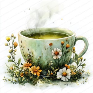16 Clipart Floral de Chá Verde | Ilustração de Xícara de Chá Florescente | Clipart de Aquarela para Imprimir | JPGs de Alta Qualidade | Artesanato em Papel | Diário de Lixo