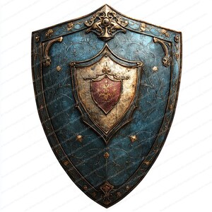 May include: A blue and gold shield with intricate floral designs and a smaller shield in the center with a red and gold crest. The shield is made of metal and has a distressed, aged look.