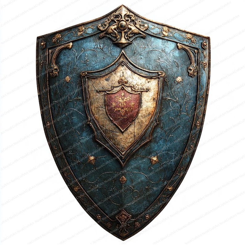 May include: A blue and gold shield with intricate floral designs and a smaller shield in the center with a red and gold crest. The shield is made of metal and has a distressed, aged look.