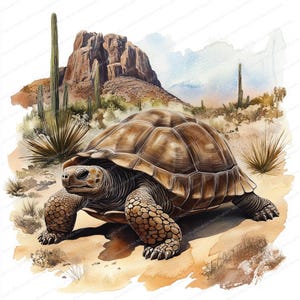 May include: A large brown tortoise walks across a desert landscape with a rocky mountain in the background. The tortoise has a textured shell and is walking on sand.