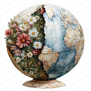 May include: A decorative globe featuring a split design. One side is filled with a variety of flowers, including daisies and red blooms, while the other side displays a vintage map. The globe rests on a detailed, aged base.