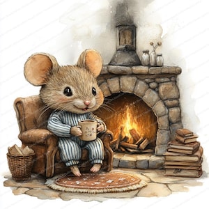 May include: Watercolor illustration of a mouse in blue and white striped pajamas, seated in a brown armchair, holding a mug. A cozy fireplace with a stone hearth and burning fire is behind the mouse. A stack of books and a woven basket are nearby.