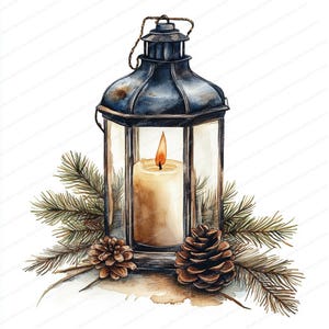 May include: A watercolour illustration of a vintage lantern with a lit candle inside. The lantern is dark blue with clear glass panels. It is surrounded by pine needles and two brown pine cones, creating a cosy, rustic theme.