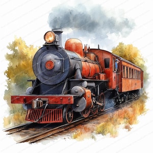 16 Cartoon Train Locomotives Clipart | Vintage Locomotive | Printable Watercolor Clipart | High Quality JPGs | Paper Craft | Junk Journal