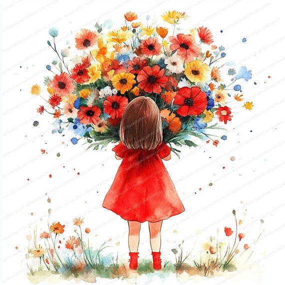 18 花束を持つ少女のクリップアート | 花の水彩画アート | 印刷可能な