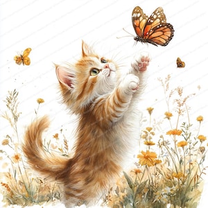 18 clipart de gato ruivo caçando borboletas | Arte de cena de jardim excêntrica | Clipart de aquarela para impressão | JPGs de alta qualidade | Artesanato em papel
