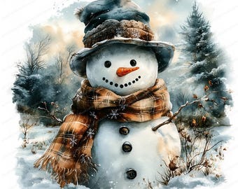 14 Retro Snowman in Winter Landscape Clipart | Cute Snowman